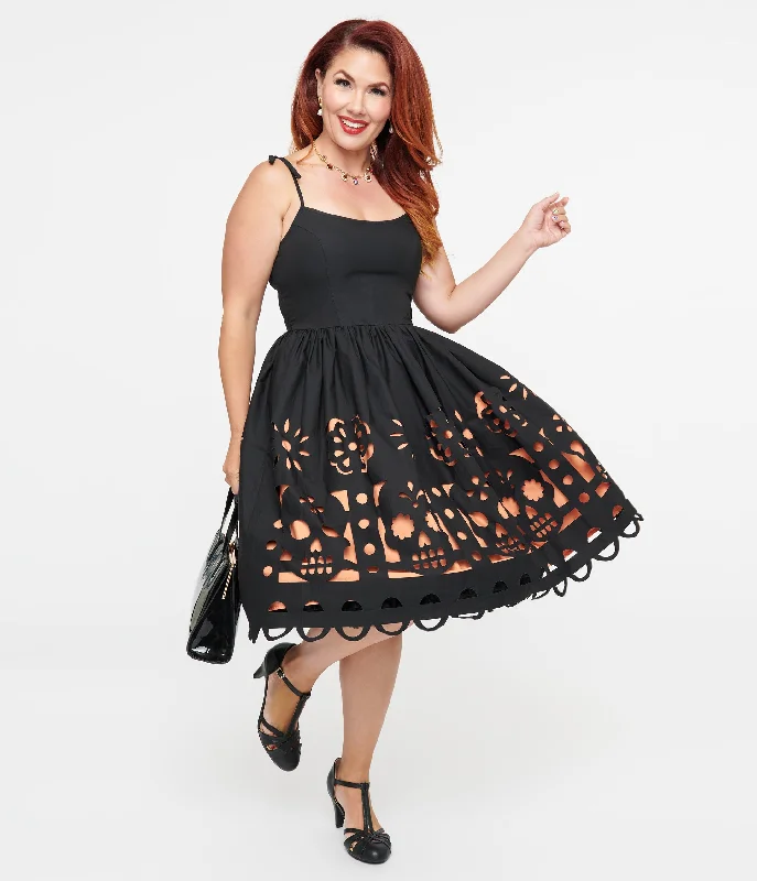 Custom-made dresses for personalized fitsUnique Vintage 1950s Black & Orange Dia De Los Muertos Cutout Bobbie Swing Dress