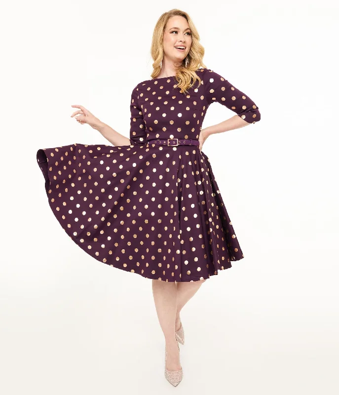 Workout dresses for active lifestylesUnique Vintage 1950s Eggplant Rose Foil Polka Dot Devon Swing Dress