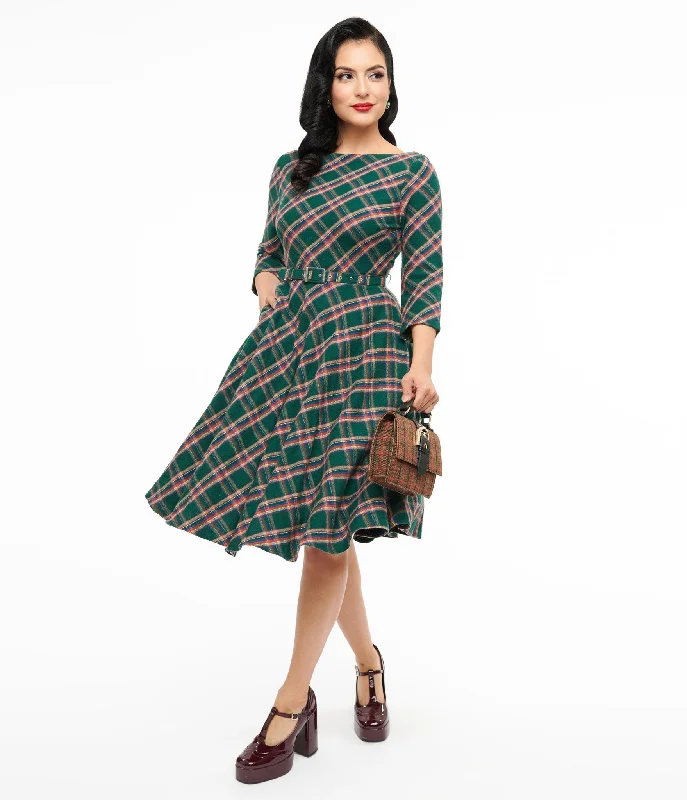 Custom-made dresses for personalized fitsUnique Vintage 1950s Green & Tan Plaid Devon Swing Dress