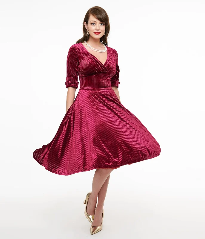 Little red dresses (LRDs) for womenUnique Vintage 1950s Merlot Textured Velvet Delores Swing Dress