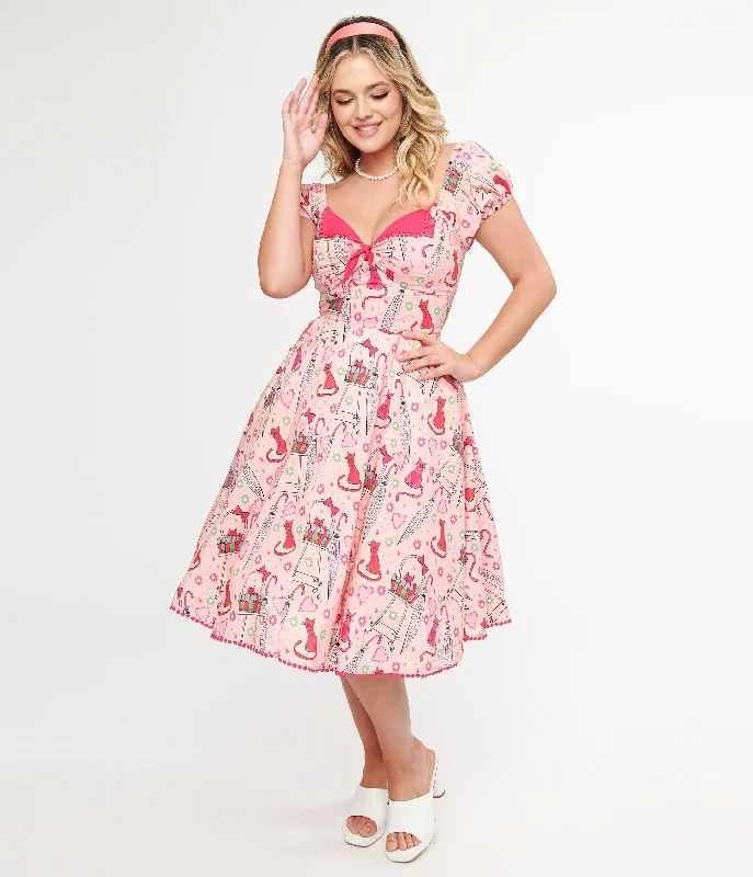 Summer dresses for hot weatherUnique Vintage 1950s Pink Caturday Print Cotton Swing Dress