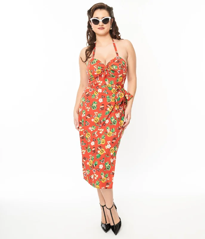 Workwear women's dressesUnique Vintage 1950s Rust & June-O-Ween Fruit Print Leilani Sarong Dress