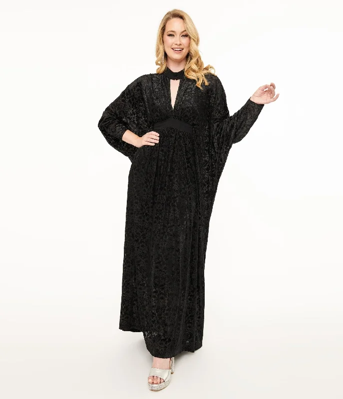 Velvet dresses for winterUnique Vintage 1970s Black Floral Burnout Mesh High Neck Caftan