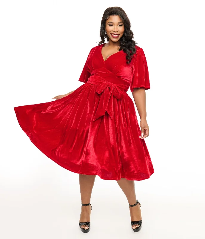 Little black dresses (LBDs) for womenUnique Vintage Plus Size 1940s Red Velvet Flutter Sleeve Swing Dress