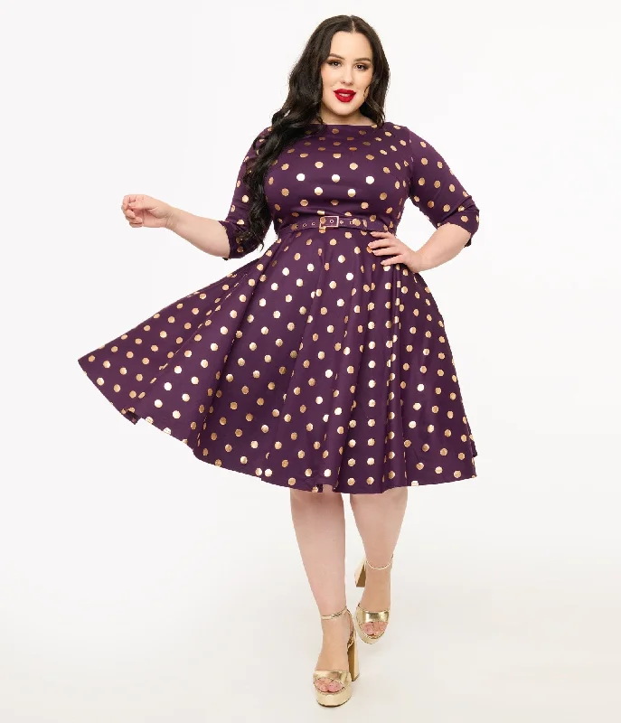 Dancewear dresses for performancesUnique Vintage Plus Size 1950s Eggplant Rose Foil Polka Dot Devon Swing Dress