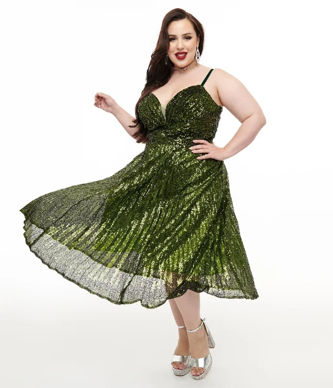 Elegant women's dressesUnique Vintage Plus Size 1950s Emerald Pleated Sequin Swing Dress