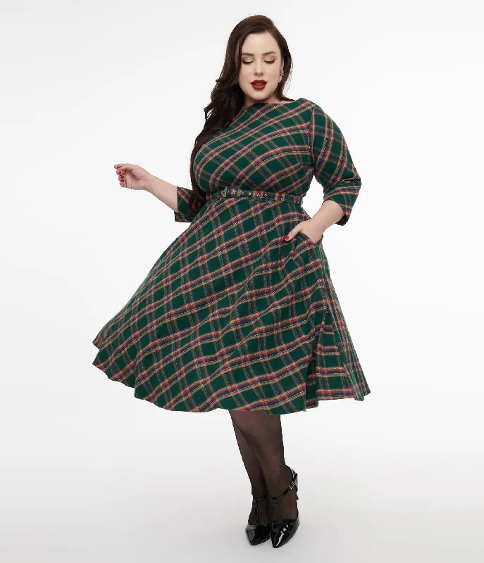 Women's casual dressesUnique Vintage Plus Size 1950s Green & Tan Plaid Devon Swing Dress