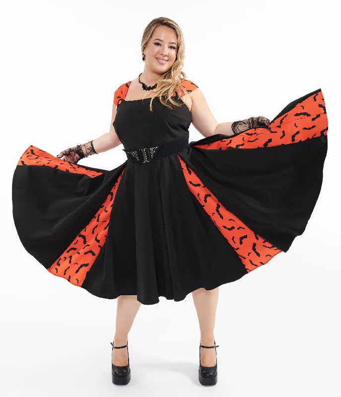 Women's casual dressesUnique Vintage Plus Size 1950s Orange & Black Bat Stripe Swing Dress