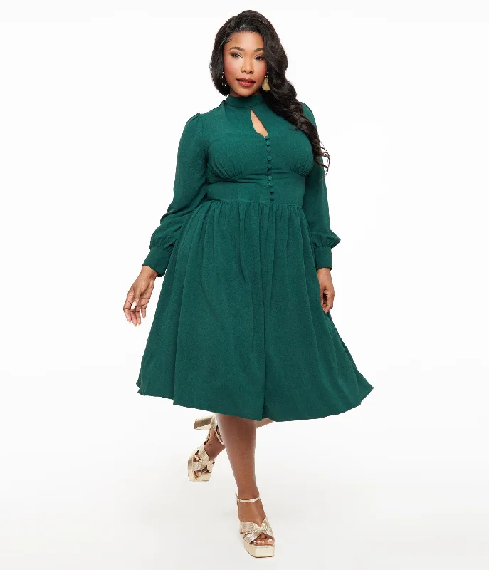 Denim dresses for womenUnique Vintage Plus Size 1970s Hunter Green Keyhole Swing Dress