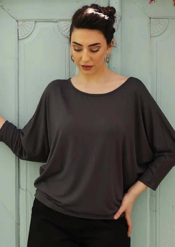 Leather-look women's tops3/4 Sleeve Batwing Top Dark Grey