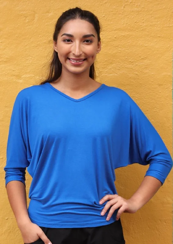 Wrinkle-resistant women's tops3/4 Sleeve V-neck Batwing Top Electric Blue