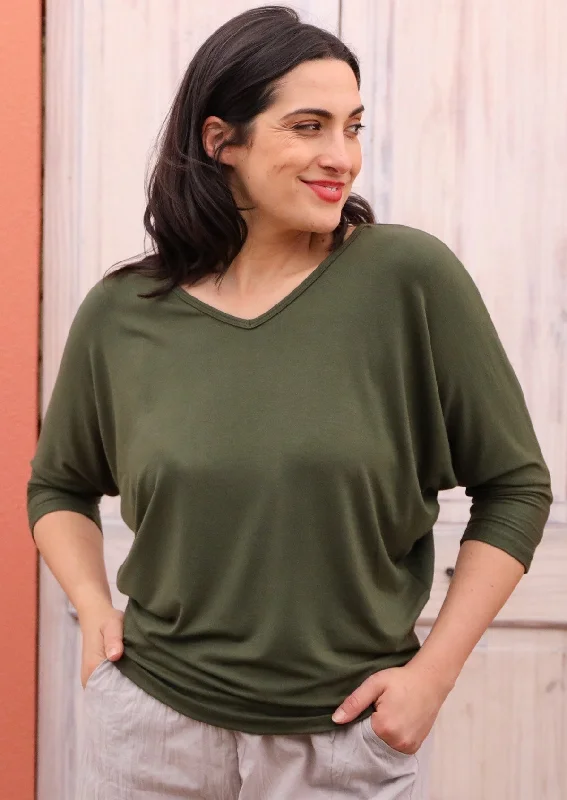 Workwear women's tops3/4 Sleeve V-neck Batwing Top Olive