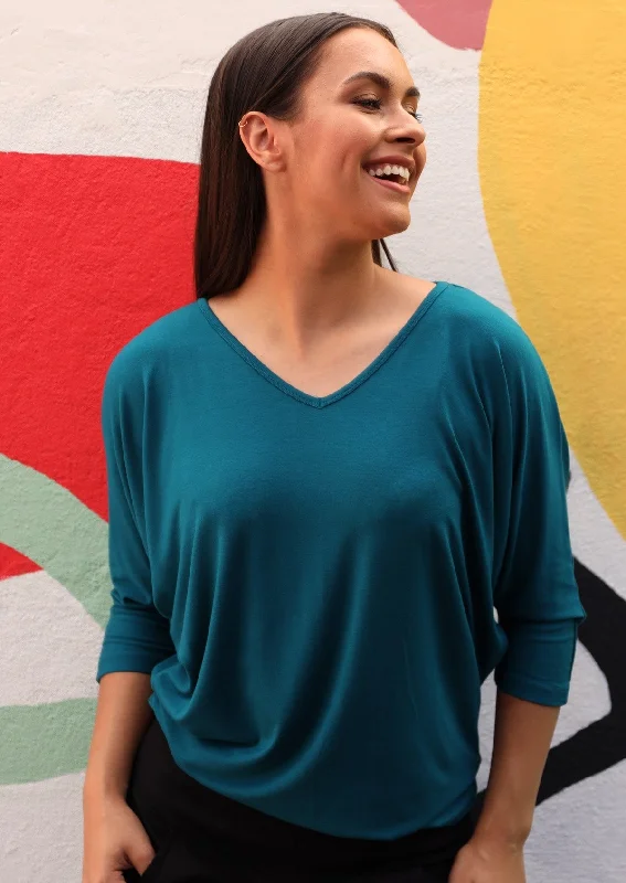 Travel women's tops3/4 Sleeve V-neck Batwing Top Teal