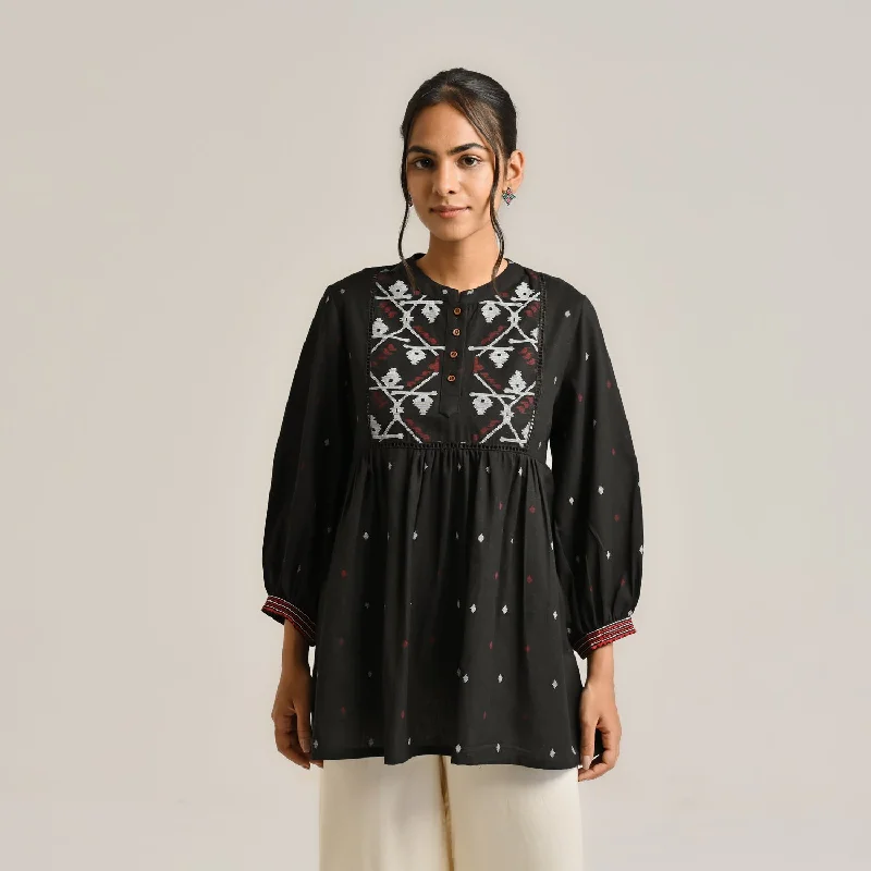 Statement women's topsBlack Linen Cotton Jamdani Printed Tunic