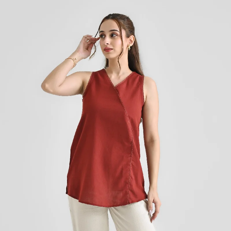 Bodycon women's topsBrown Linen Cotton Sleeveless Tunic with Lace Detail