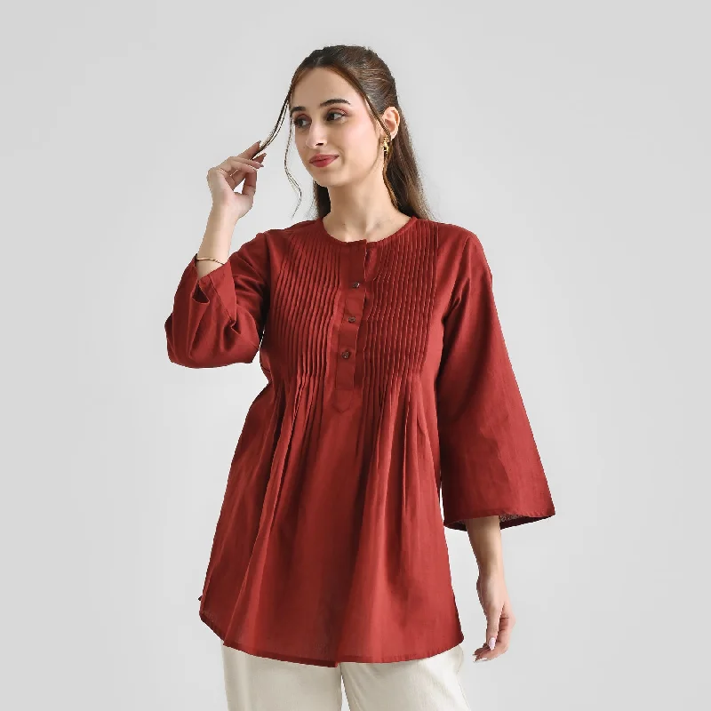 Water-resistant women's topsBrown Linen Cotton Tunic with Pintuck Detail