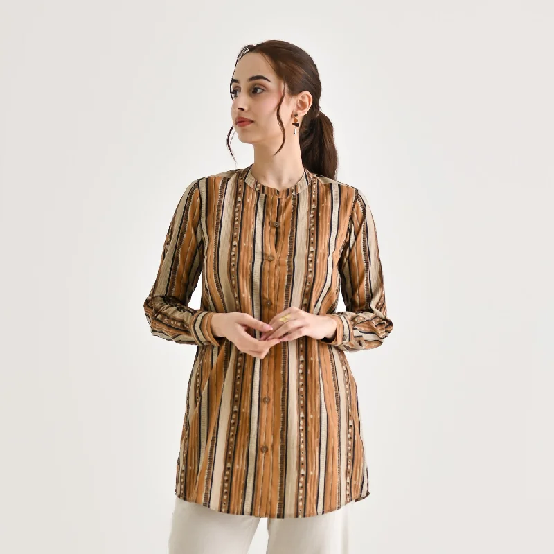 One-shoulder women's topsBrown Striped Sanganeri Button Down Cotton Tunic