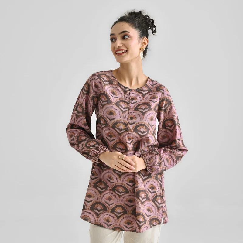 Autumn women's topsDusty Pink Lotus Dabu Printed Cotton Tunic with Elastic Sleeve Detail