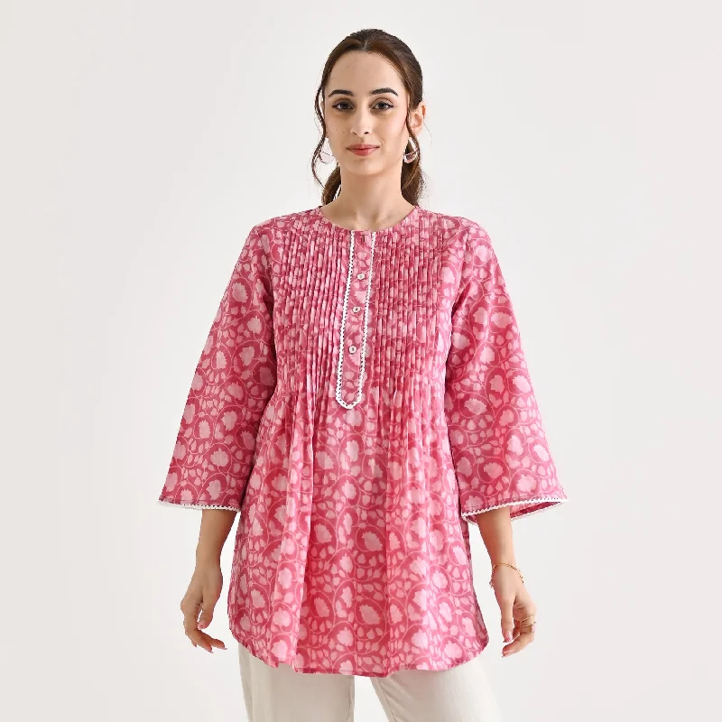 Ruffled women's topsDusty Pink Sanganeri Printed Cotton Tunic with Pintuck & Lace Details