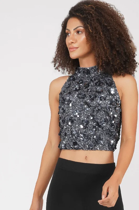 Local artisan women's topsGui Charcoal Grey Sequin Top