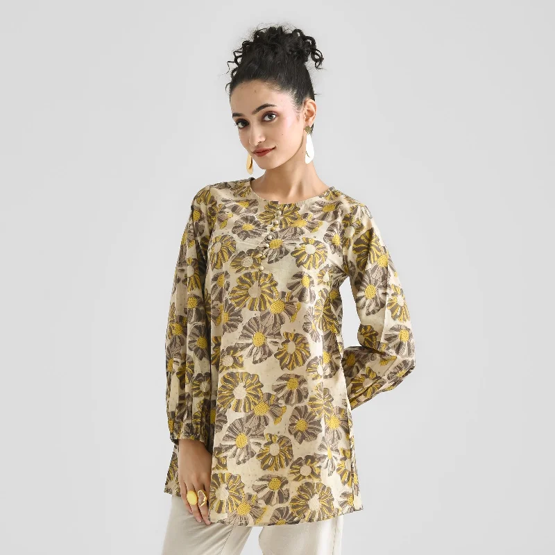 Boutique women's topsMango Yellow Contemporary Dabu Printed Cotton Tunic with Elastic Sleeve Detail