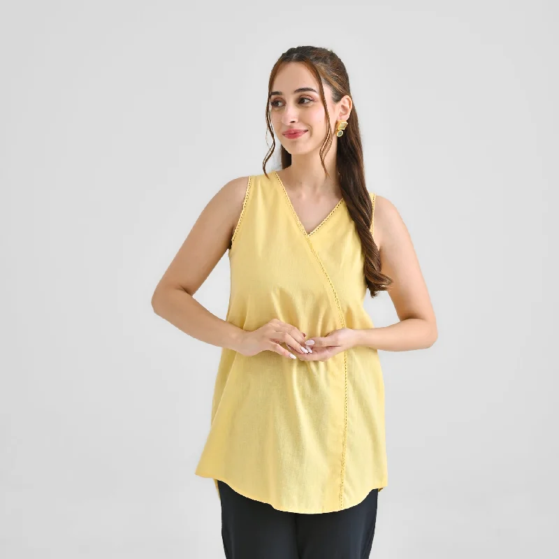 Travel women's topsMango Yellow Linen Cotton Sleeveless Tunic with Lace Detail