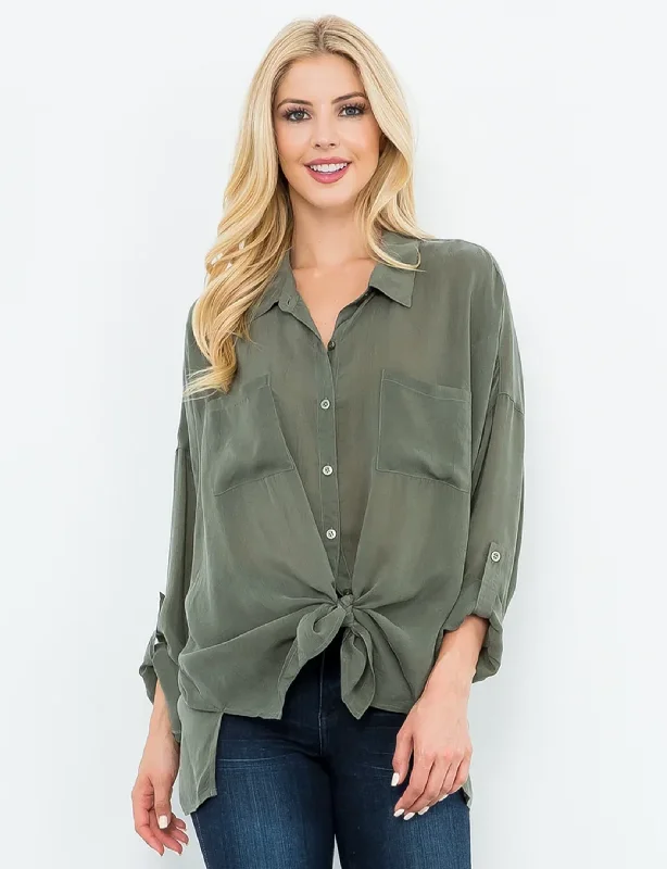 Checkered women's topsCargo Button Down Tie Top, Olive