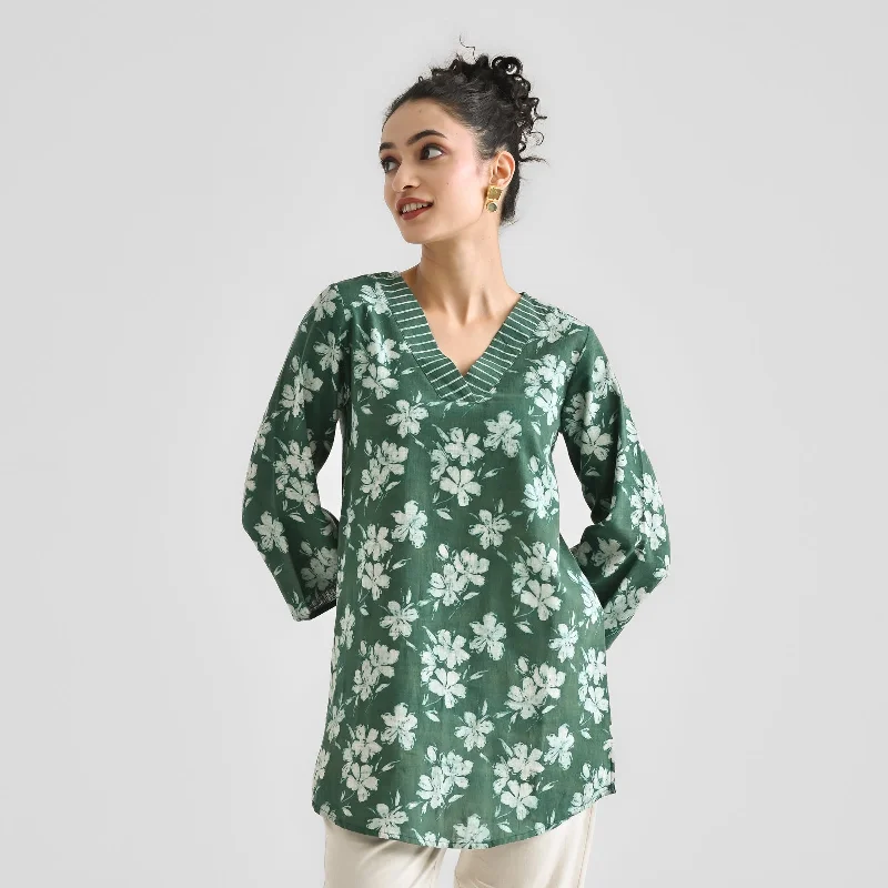 Lace-up women's topsMoss Green Contemporary Dabu Printed Cotton Tunic with V Neckline