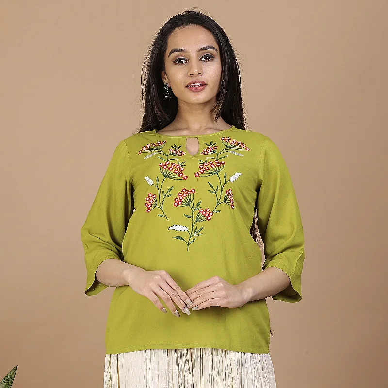 Transitional women's topsOlive Floral Embroidery Panelled Top with 3/4th Sleeves