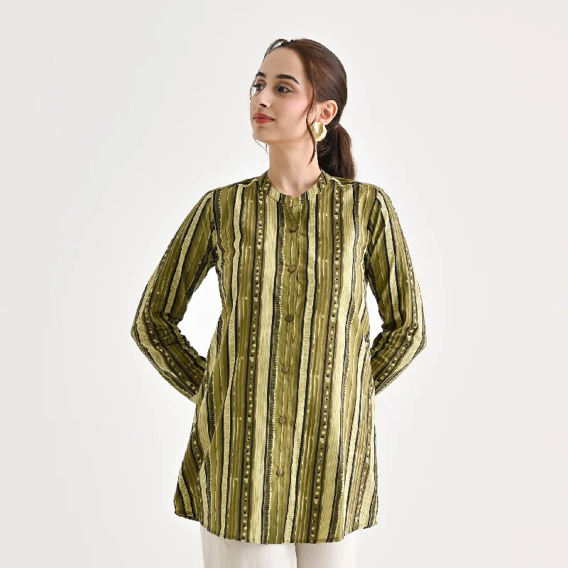 Wrap women's topsOlive Striped Sanganeri Button Down Cotton Tunic