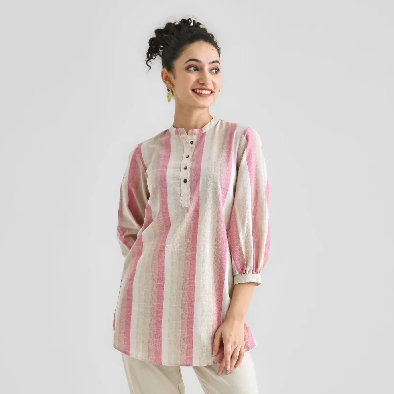 Affordable women's topsPink Multicolour Woven Cotton Tunic with Puff Sleeve